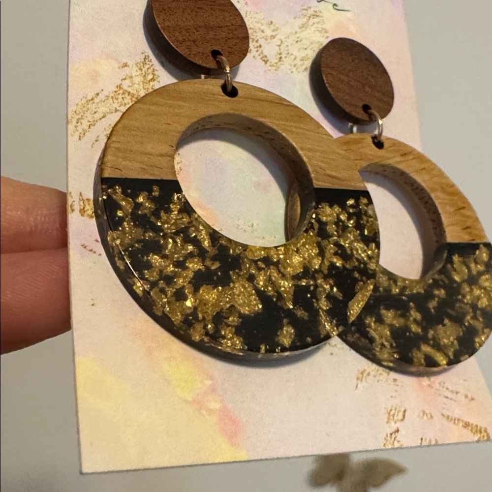 Wooden and Gold Flake Earrings - Picture 2 of 2